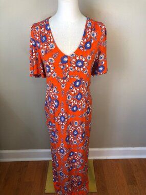 Boden Orange Red Blue Floral Jersey Midi Maxi Dress Flutter Sleeve V-Neck Sz 10R